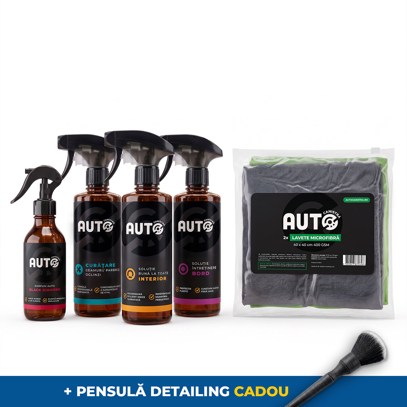 Pachetu Auto Interior - 4 x solutii + 2 x lavete microfibra + pensula detailing cadou